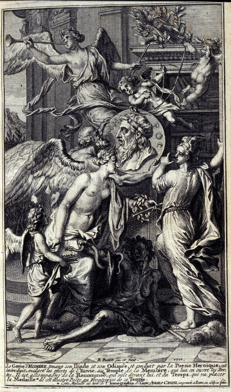 Homers Genie, der seine Ilias und seine Odyssee hält und von heroischer Poesie geführt wird, wird trotz der Bemühungen des Neids in den Tempel der Erinnerung eingeführt, der seine Türen öffnet. Er wird von der Berühmtheit begleitet, die vor ihm fliegt, und von Unknown artist