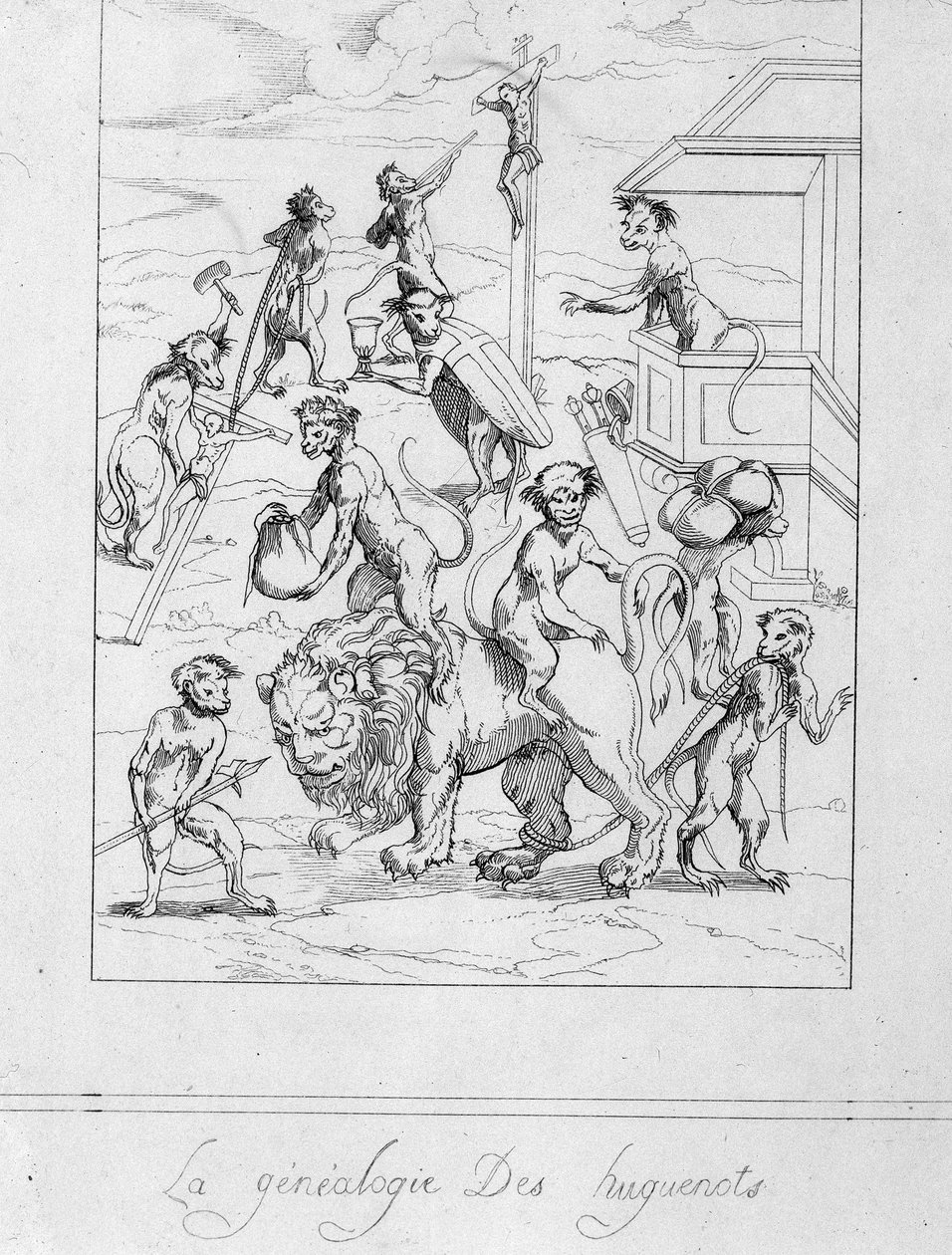 Hugenotten-Genealogie: Karikatur der Protestanten als Affen - Gravur von Unknown artist