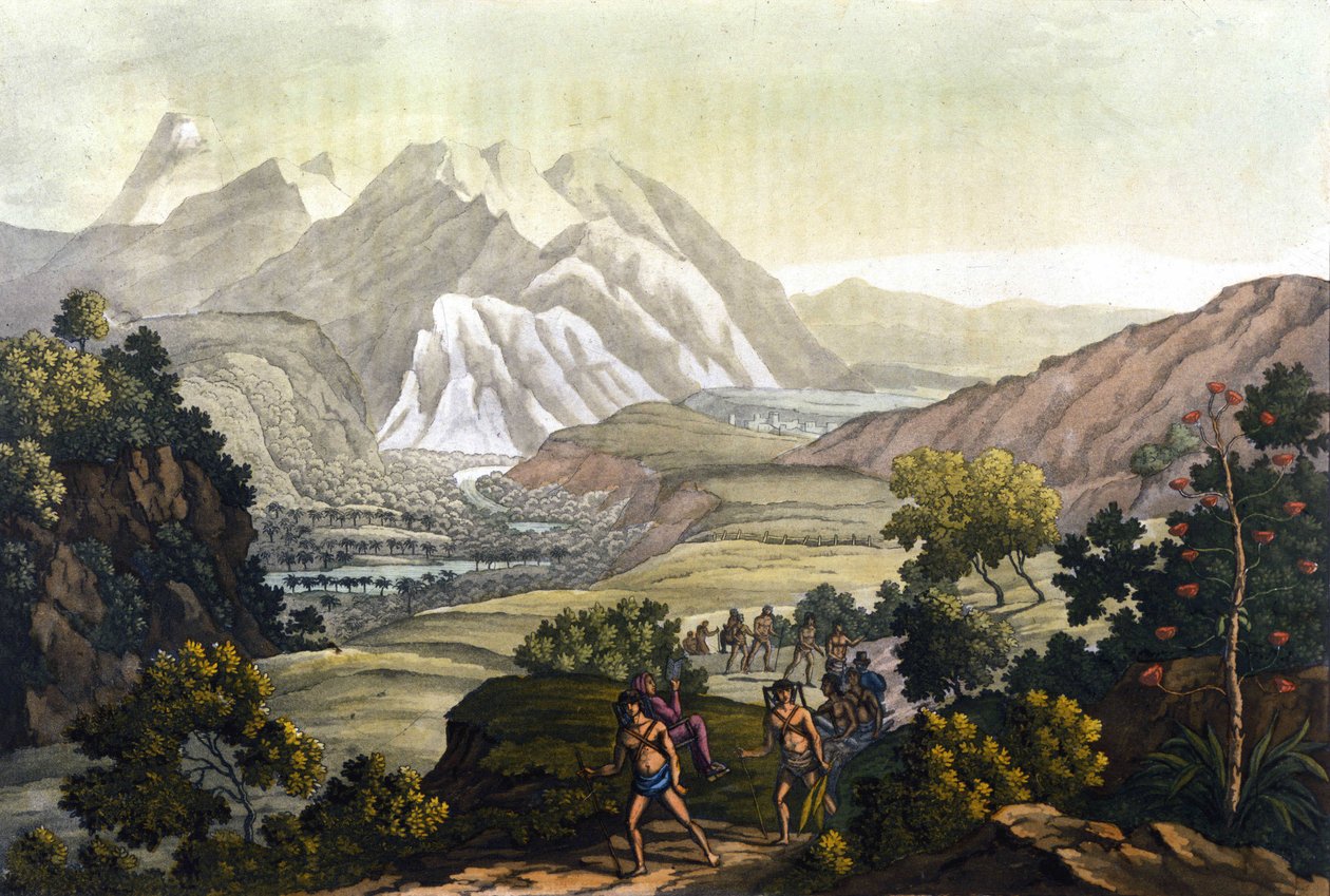 Humboldt und Bonpland überqueren den Berg Quindiu auf Tragesesseln. Aus der Reise in die Anden von Alexander von Humboldt von Unknown artist
