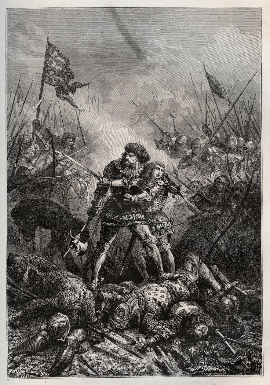 Hundertjähriger Krieg: König von Frankreich Johann II. der Gute und sein Sohn Philipp II. von Burgund (1342-1404), bekannt als „Philippe le Hardi“, kämpfen gegen die Engländer in der Schlacht von Poitiers am 19.09.1356) (König von Frankreich Johann II. von von Unknown artist