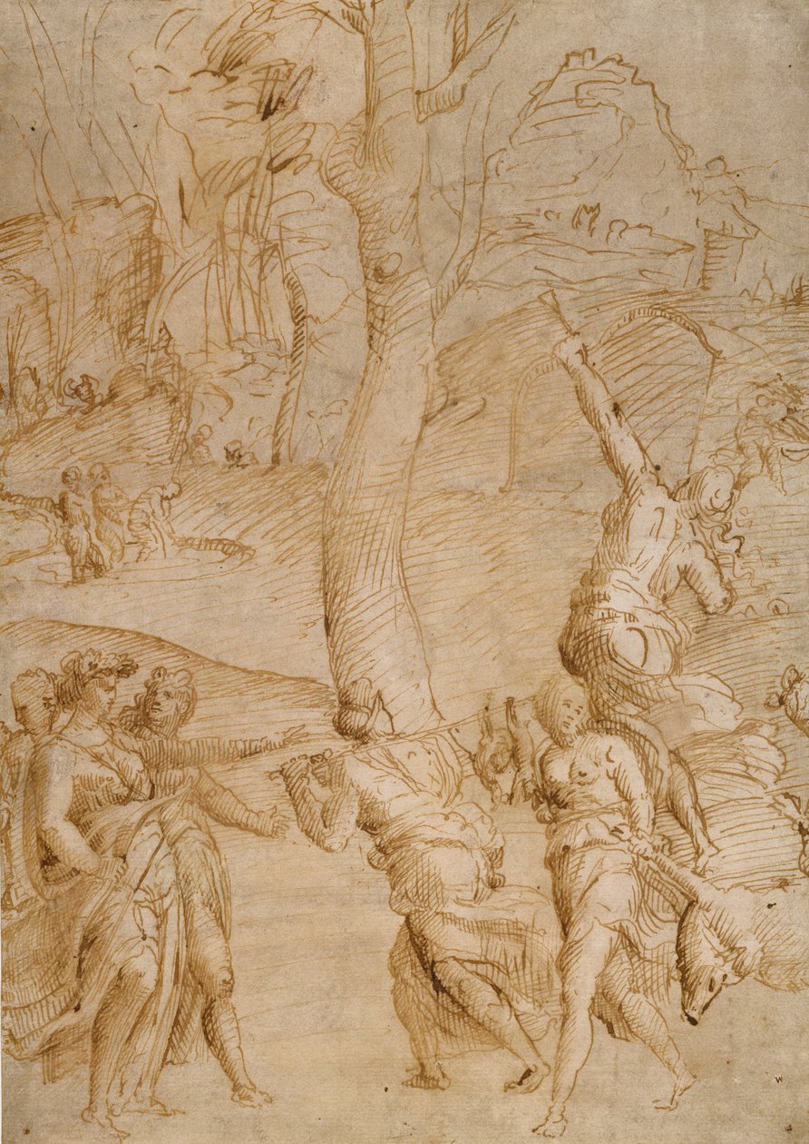 Jagdszene (recto); Zwei Studien eines Paares liegender Flussgötter (?), eine Sarkophagfront (?) verso von Unknown artist