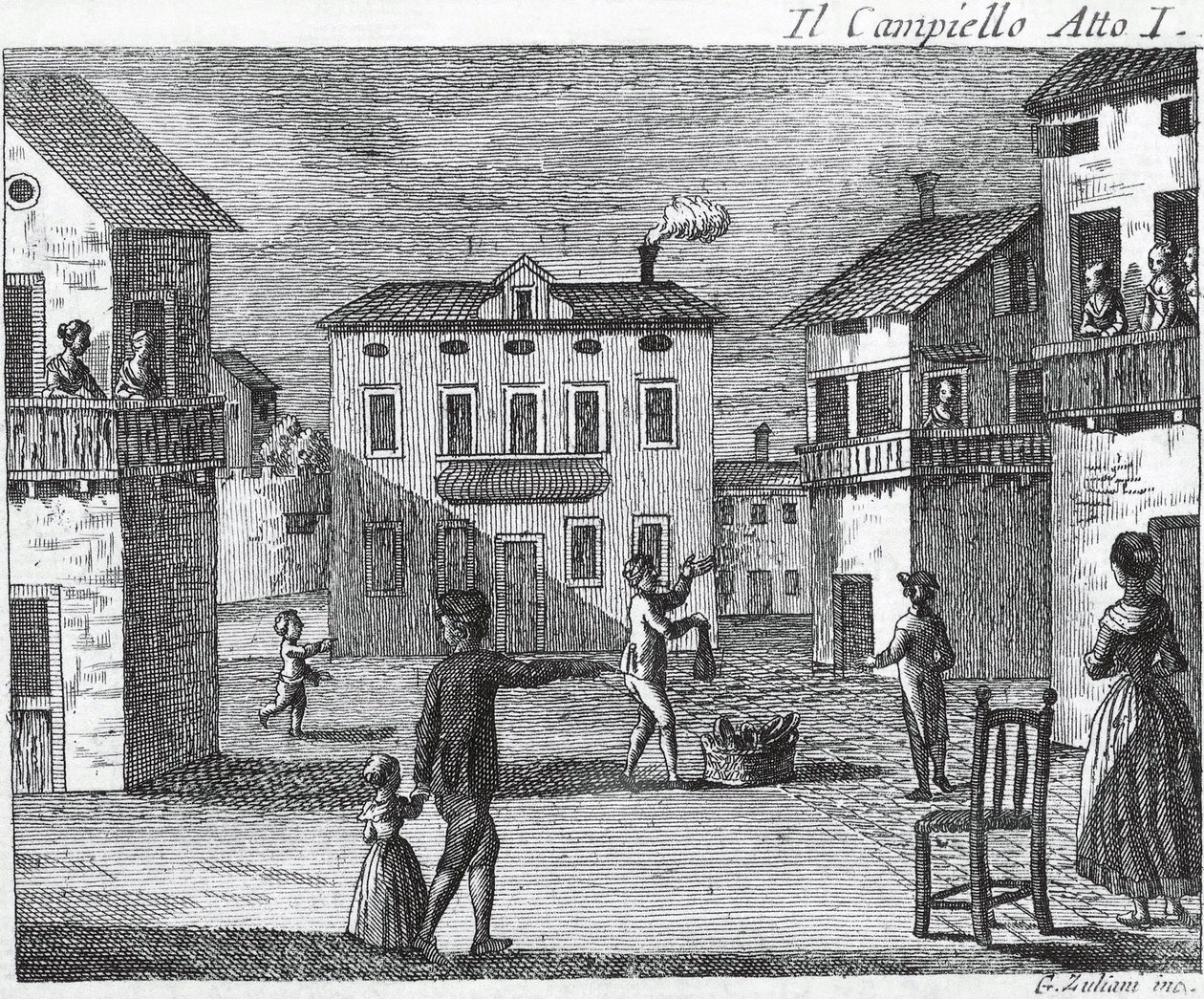 Il Campiello Akt I - Carlo Goldoni (1707-1793) - Stich aus dem 18. Jahrhundert von Unknown artist