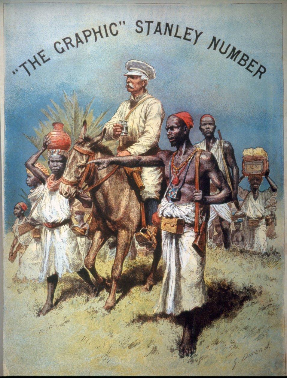Illustration, die den Entdecker und Journalisten Henry Morton Stanley (1841-1904) während einer seiner Expeditionen darstellt. Chromolithographie von Unknown artist
