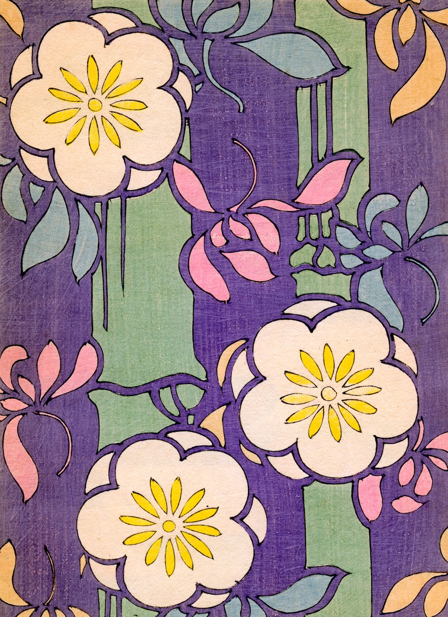 Illustration von Blumenblüten auf einem Lavendel- und grünen Hintergrund von Unknown artist