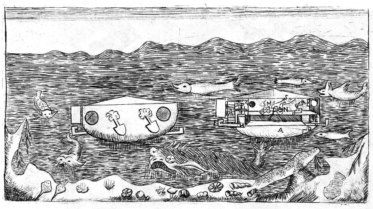 Illustration des späten 18. Jahrhunderts, wie man unter Wasser navigiert in „Nuovo trattato sulla vera rettificazione del circolo misurato esattmente con il diametro, utile alla trigonometria... Con una dissertazione sul modo di navigare sott