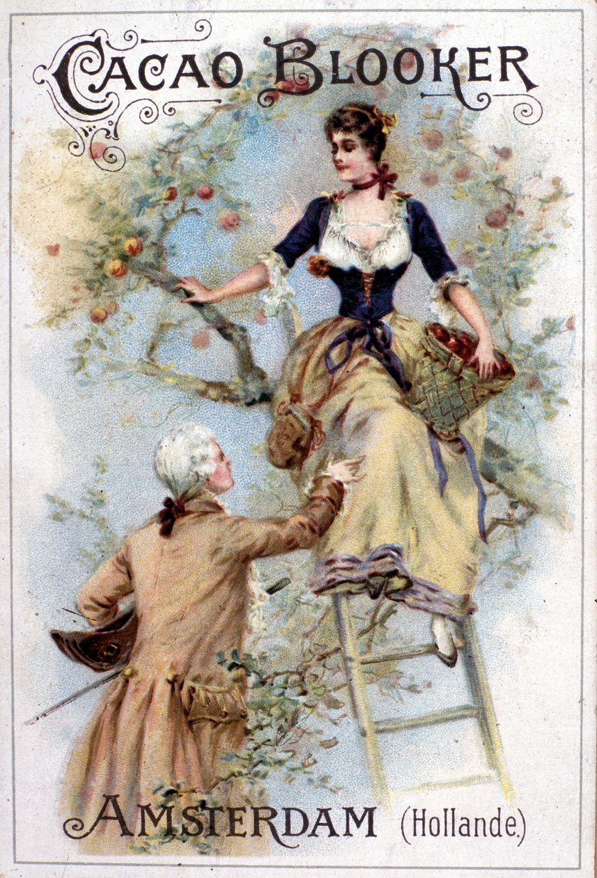 Werbeillustration für Blooker-Kakao, die einen jungen Mann im Stil des 18. Jahrhunderts zeigt, der einer jungen Frau hilft, von einer Leiter zu steigen. von Unknown artist
