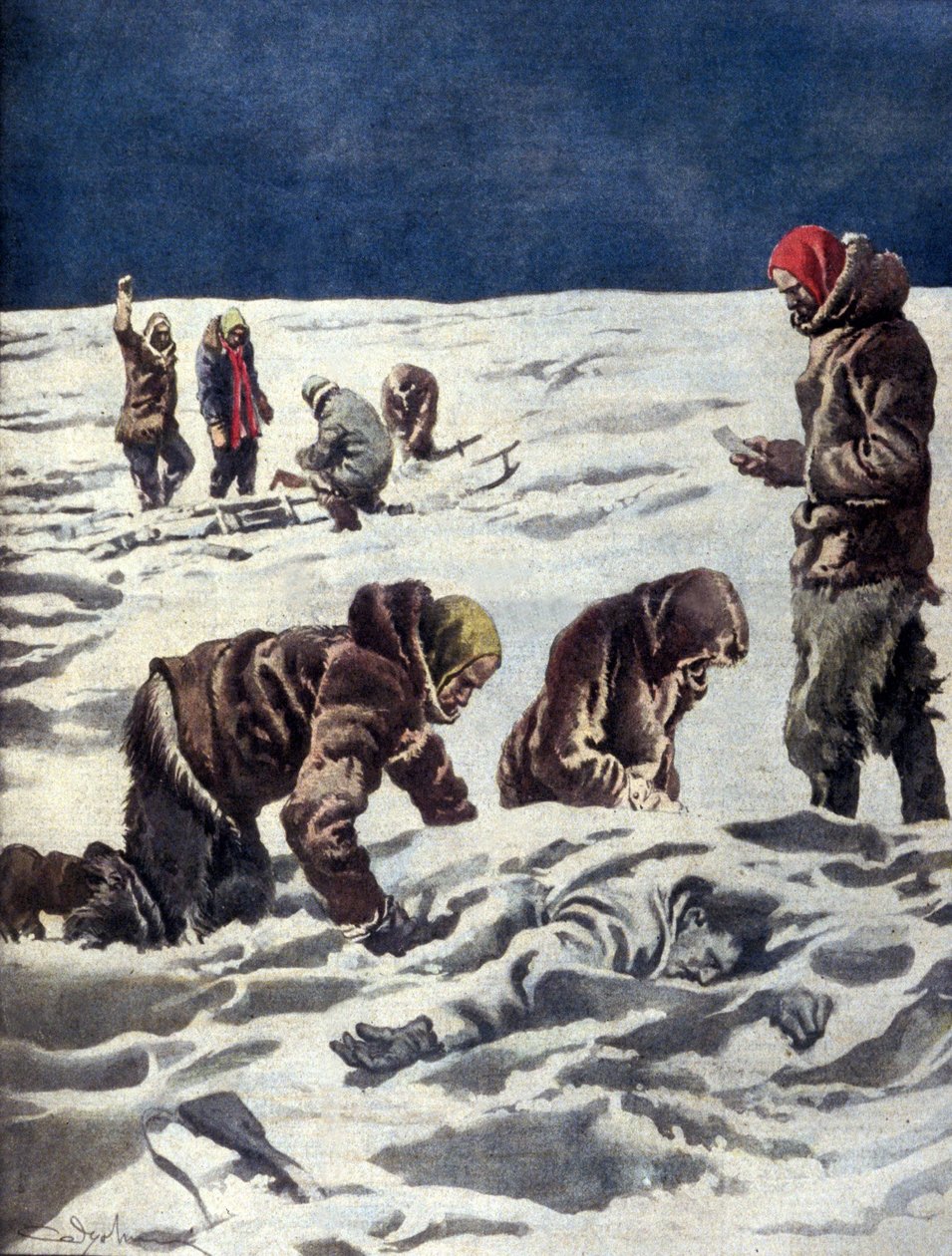 1930 fand Dr. Horns norwegische wissenschaftliche Expedition die Überreste des schwedischen Entdeckers Solomon Andrèe von Unknown artist