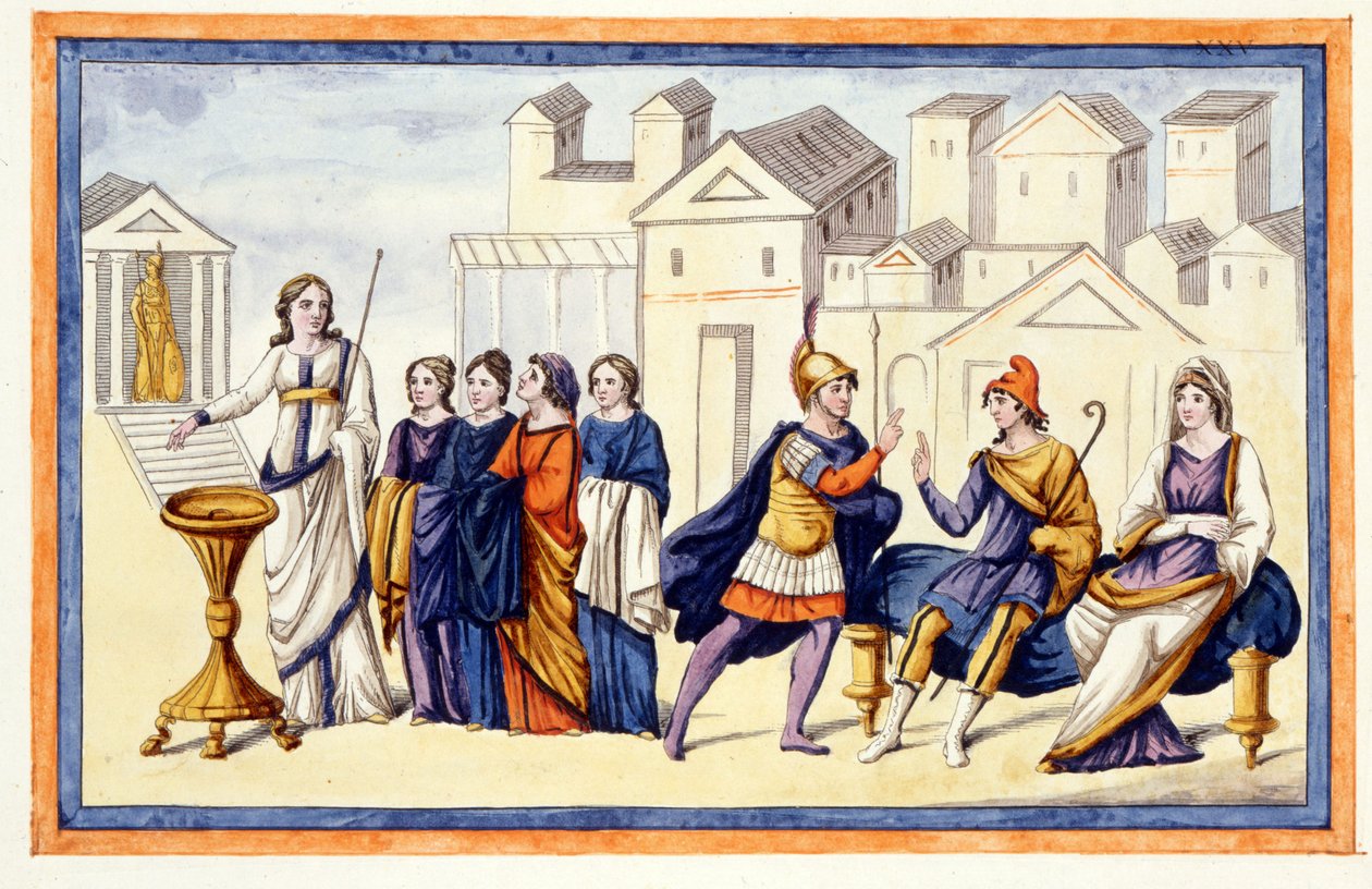In Troja bitten Frauen Athena, während Hector sich von seiner Frau Andromache verabschiedet. Die Ilias, Gesang VI, Gravur aus dem späten 18. Jahrhundert von Unknown artist