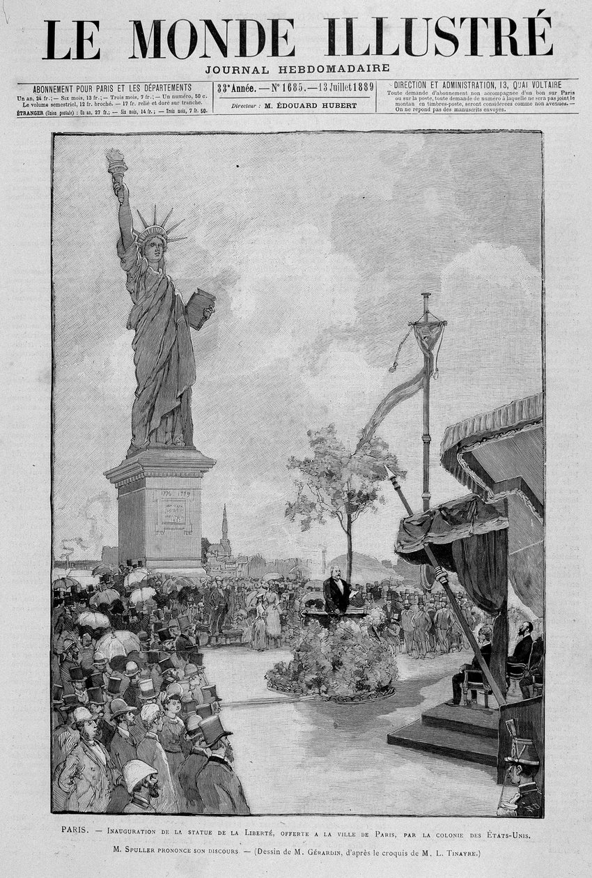 Einweihung der Freiheitsstatue in Reduktion (Replik), der Stadt Paris von den Vereinigten Staaten geschenkt - in „The Illustrous World“ vom 13.07.1889 von Unknown artist