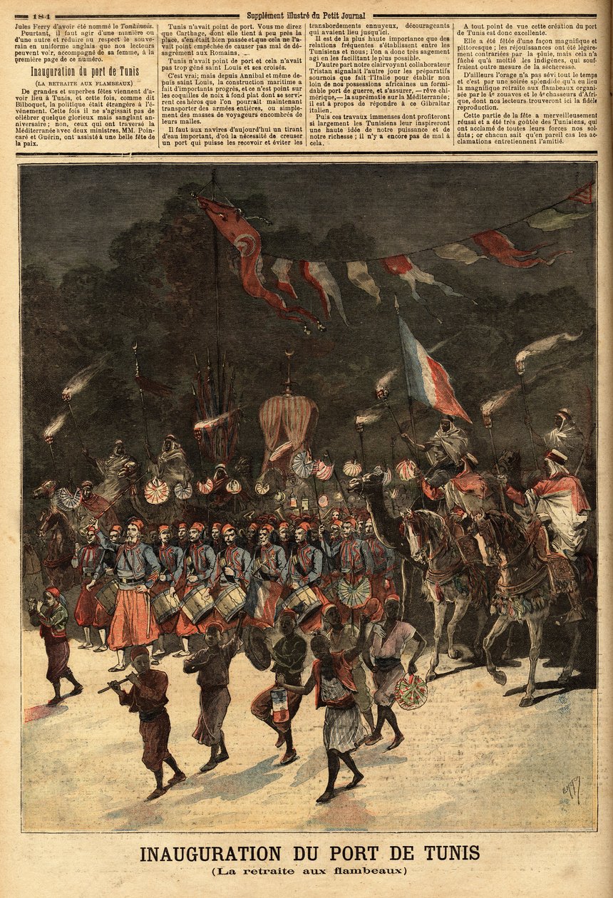Einweihung des Hafens von Tunis, in Anwesenheit der französischen Minister Raymond Poincare (1860-1934) und Eugene Guerin (1849-1929). Gravur in „Le petit journal“ 10/06/1893. Sammlung Selva von Unknown artist