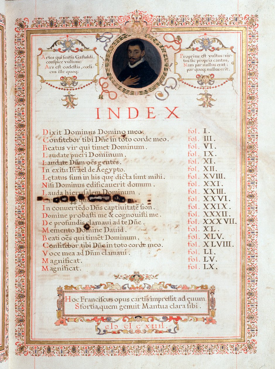 Indexseite mit Porträt von Giovanni Giacomo Gastoldi von Unknown artist