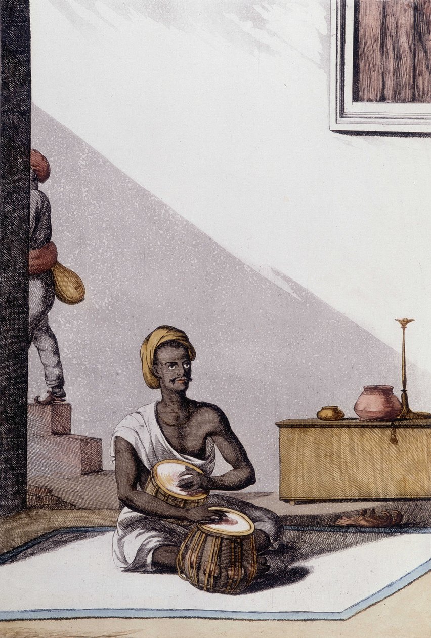 Indische Kultur und Zivilisation: Musiker spielt Tablas, traditionelles Musikinstrument, Indien. Gravur von 1808. von Unknown artist