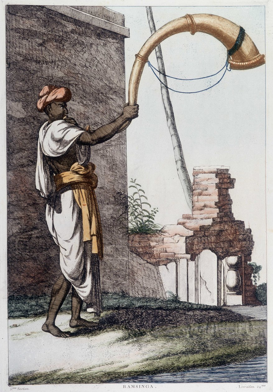 Indische Kultur, Zivilisation und Gesellschaft: Musiker mit traditionellem indischen Blasinstrument (Sournae). Gravur von 1808. von Unknown artist
