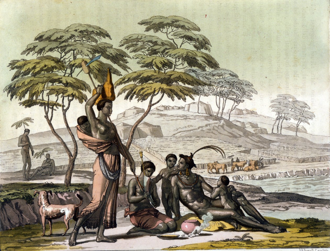 Inder aus Botswana (Bechuanaland). Gravur in „Die alte und moderne Tracht“ von Jules Ferrario von Unknown artist