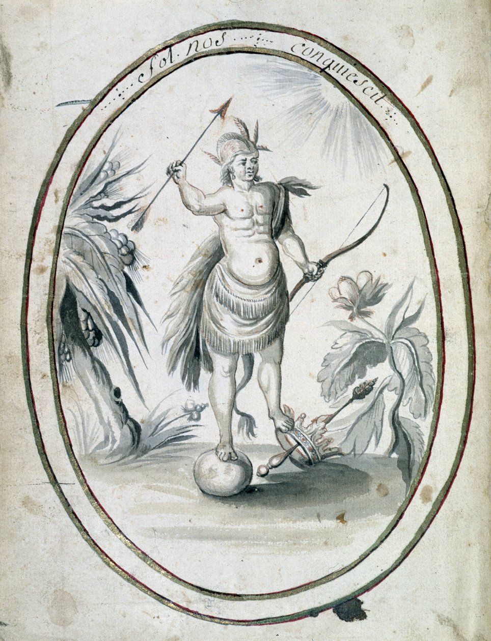 Indianer von Kanada mit seinem Bogen und Pfeilen - Frontispiz des Manuskripts „Dialogue or Interview of a French with a Savage“ von Unknown artist