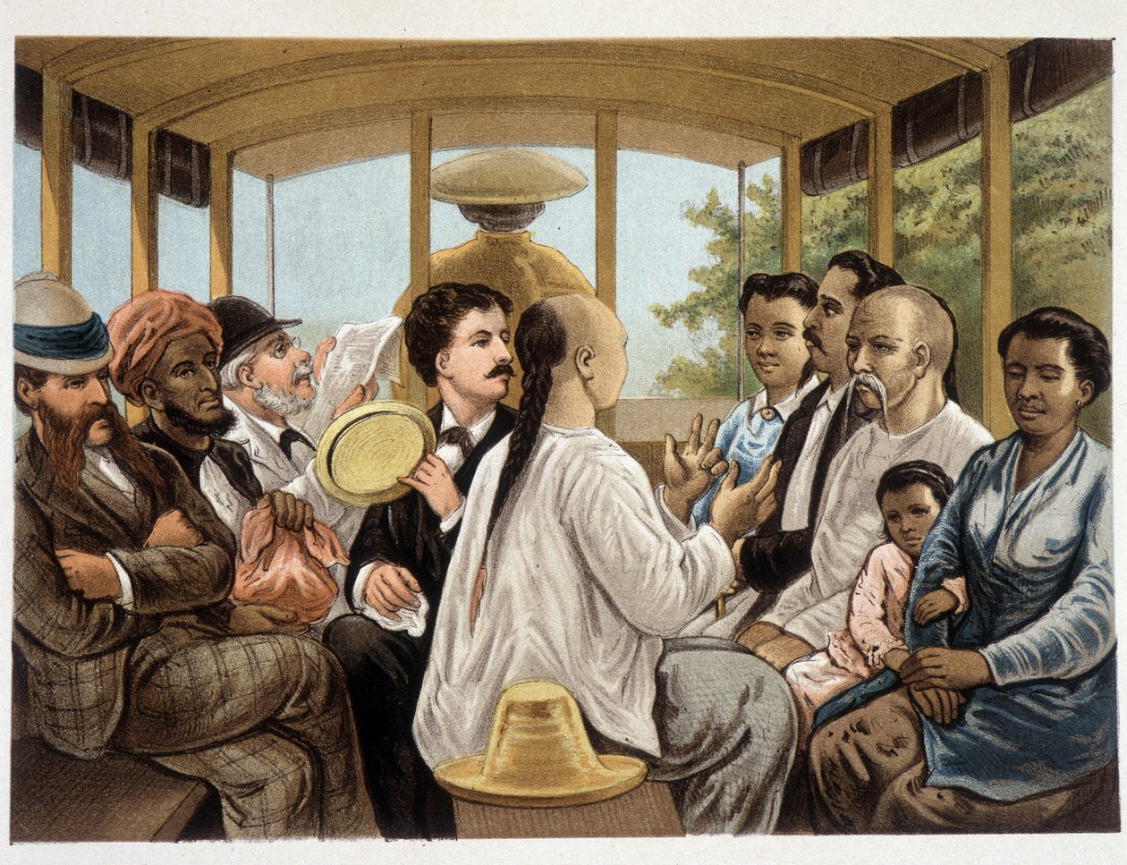 Indonesier und Westler in einem indonesischen Bus - „Het kamerlind van Berkentstein in Nederlandsch-Indie“ von MTH Perelaer - Leiden - AW Sijjhoff Zeichnungen von JC Rappard - Batavia „dans un transport“ der erste Abend an Land von Unknown artist