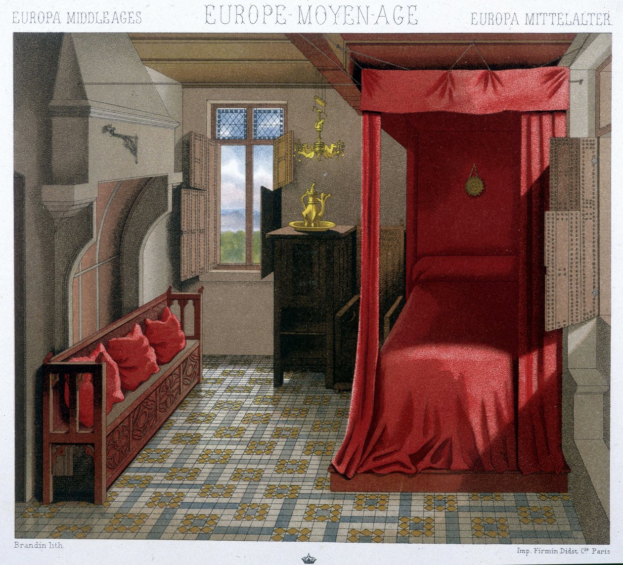 Innenraum eines Hauses im 15. und 16. Jahrhundert. In „Le costume historique“ von A. Racinet von Unknown artist