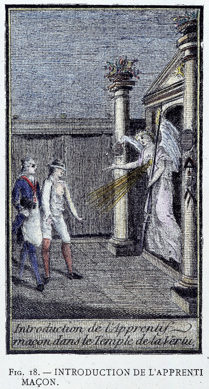 Einführung des Lehrlingsmaurers - nach einer Gravur aus der „Kostbaren Sammlung der Adonhiramitischen Maurerei“ von einem Ritter aller Freimaurerorden von Unknown artist
