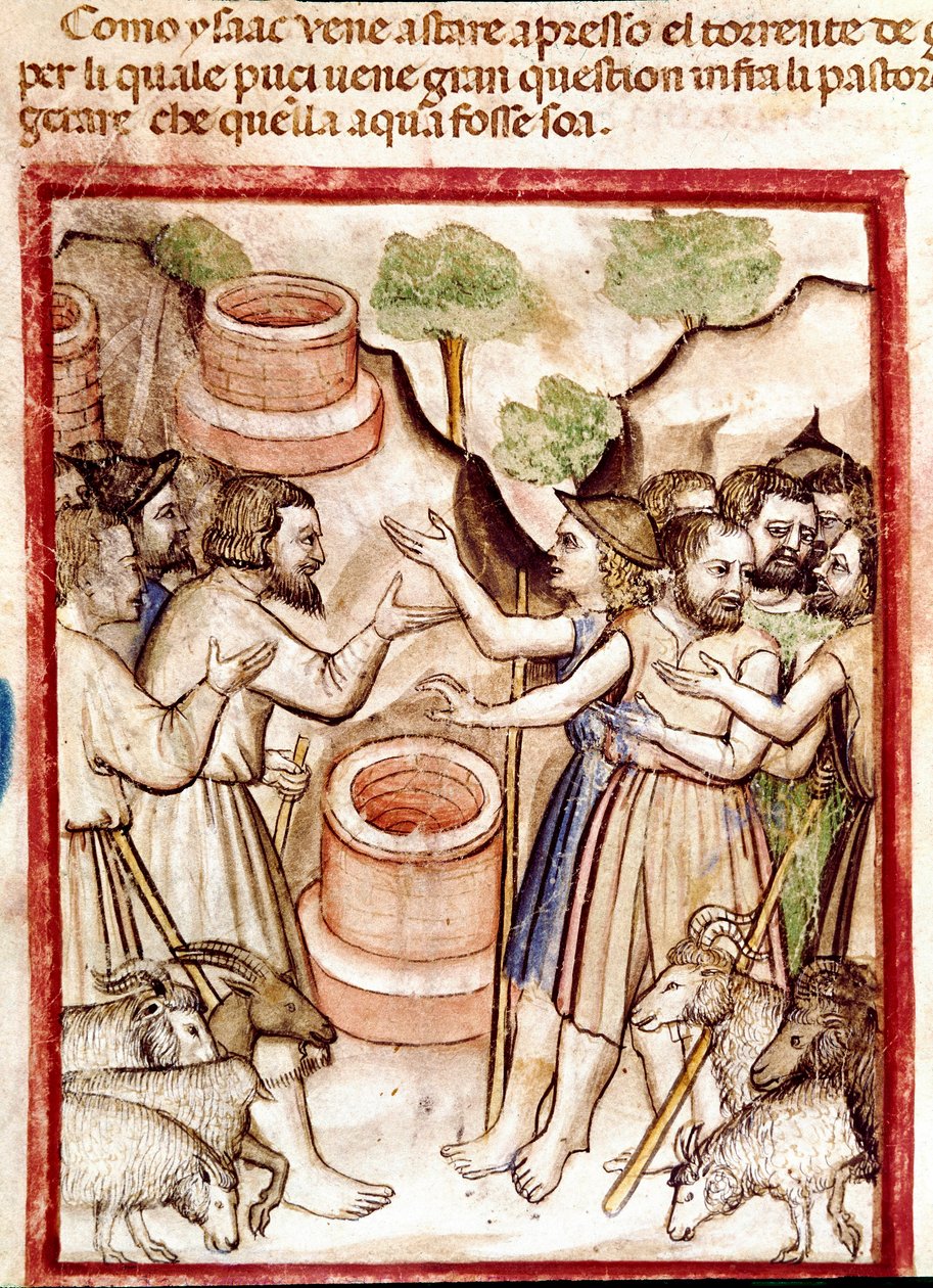 Isaak gräbt Brunnen im Tal von Guerar und die Hirten des Tals suchen Streit mit ihm Miniatur aus Codex 212 (oder Padovano Codice oder Bibel von Padua) 1390-1400 Rovigo, Accademia dei Concordi von Unknown artist