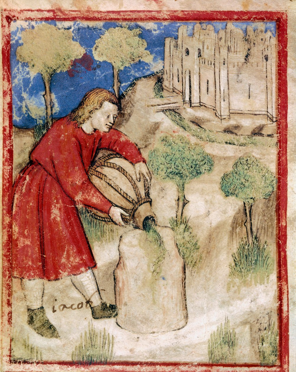 Jakob goss Öl auf den Stein, der ihm als Kissen gedient hatte. Miniatur aus Codex 212 (oder Padovano Codice oder Bibel von Padua) 1390-1400 von Unknown artist
