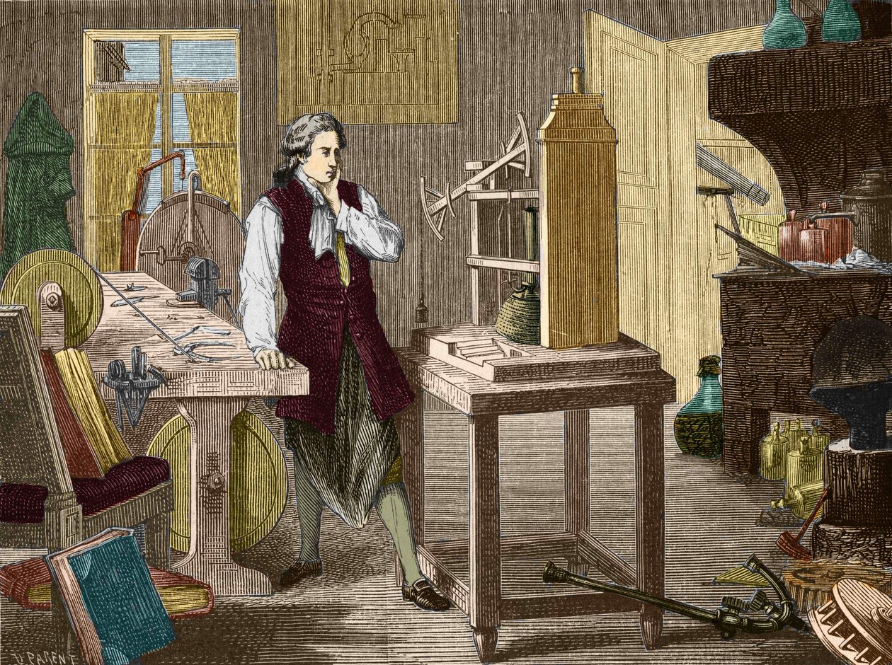 James Watt studiert die Perfektionierung der Newcomen-Maschine (1767) (Dampfmaschine) - in „Album der Wissenschaft; berühmte Wissenschaftler; Große Entdeckungen“ 1896 von Unknown artist