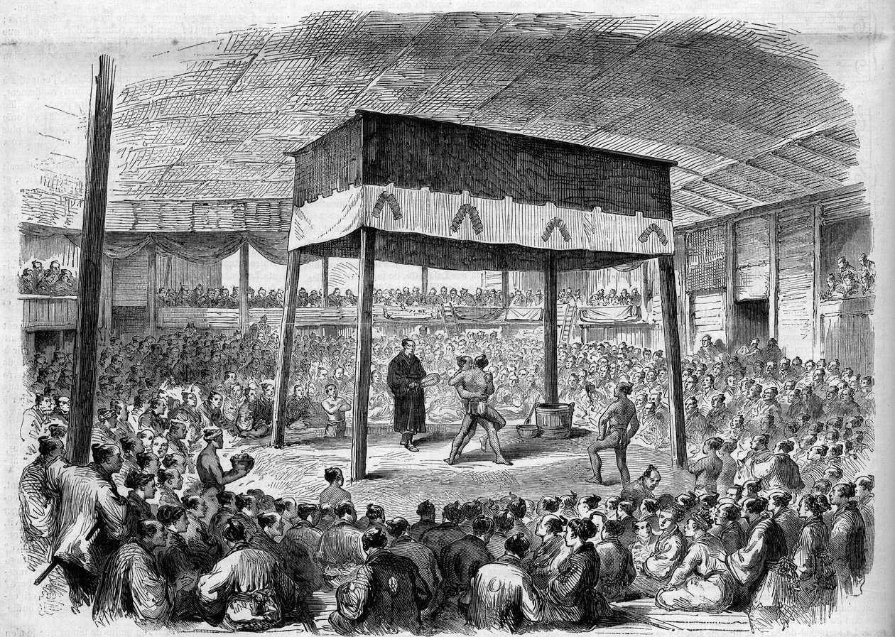 Japanischer Sumokampf in Osaka, Japan. Nach einer Zeichnung von C. Wirgman. Gravur in „Das Illustrierte Universum“ von Unknown artist