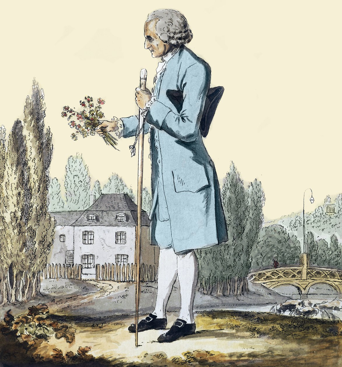 Jean-Jacques Rousseau (1712-78) sammelt Kräuter in Ermenonville, Juni 1778 - Darstellung des Philosophen Jean-Jacques Rousseau (1712-1778), der in Ermenonville Blumen pflückt. von Unknown artist