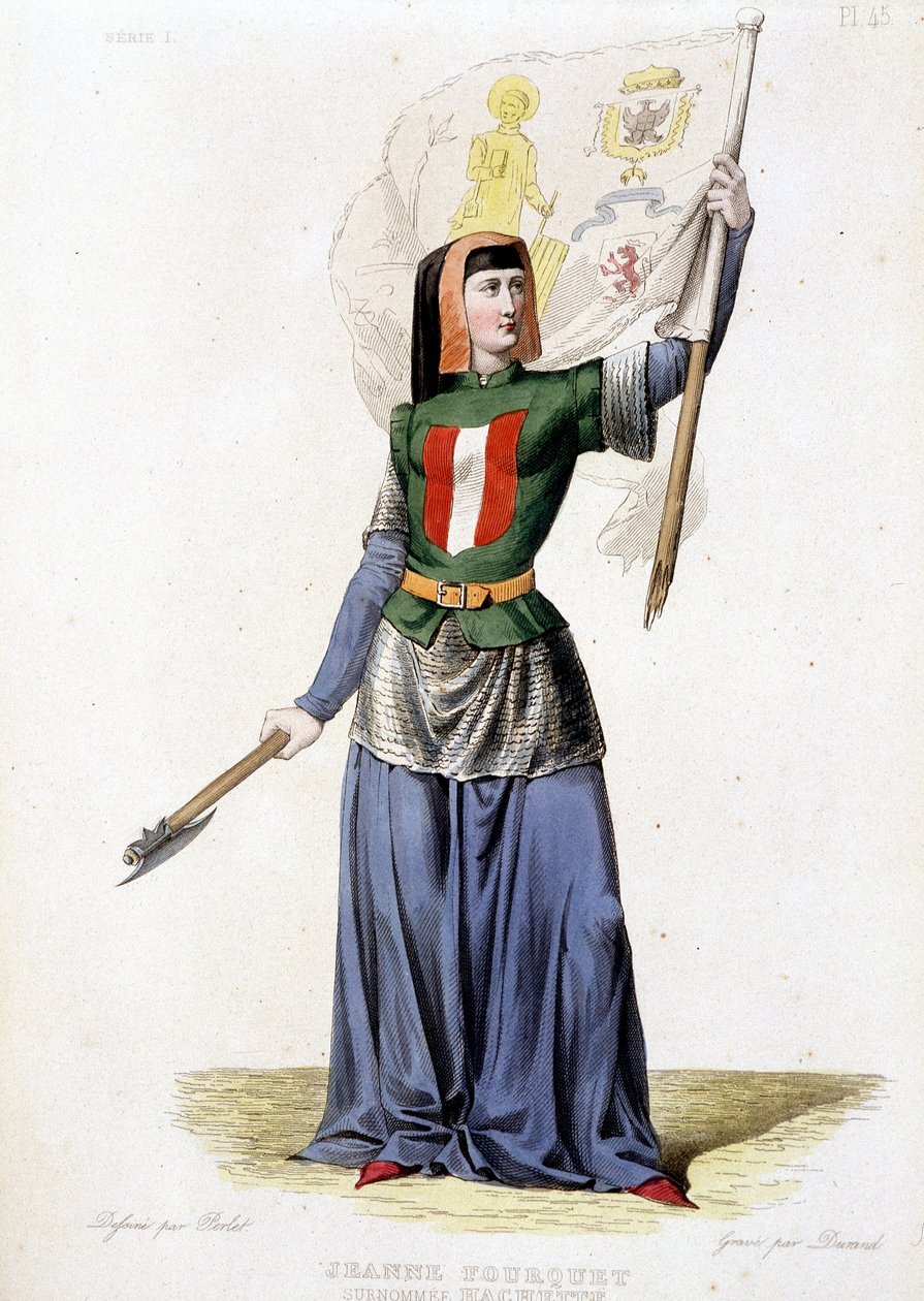 Jeanne Laisné, bekannt als Jeanne Fourquet, Spitzname Jeanne Hachette, französische Heldin (1456 bis ?). Gravur von 1835 von Unknown artist