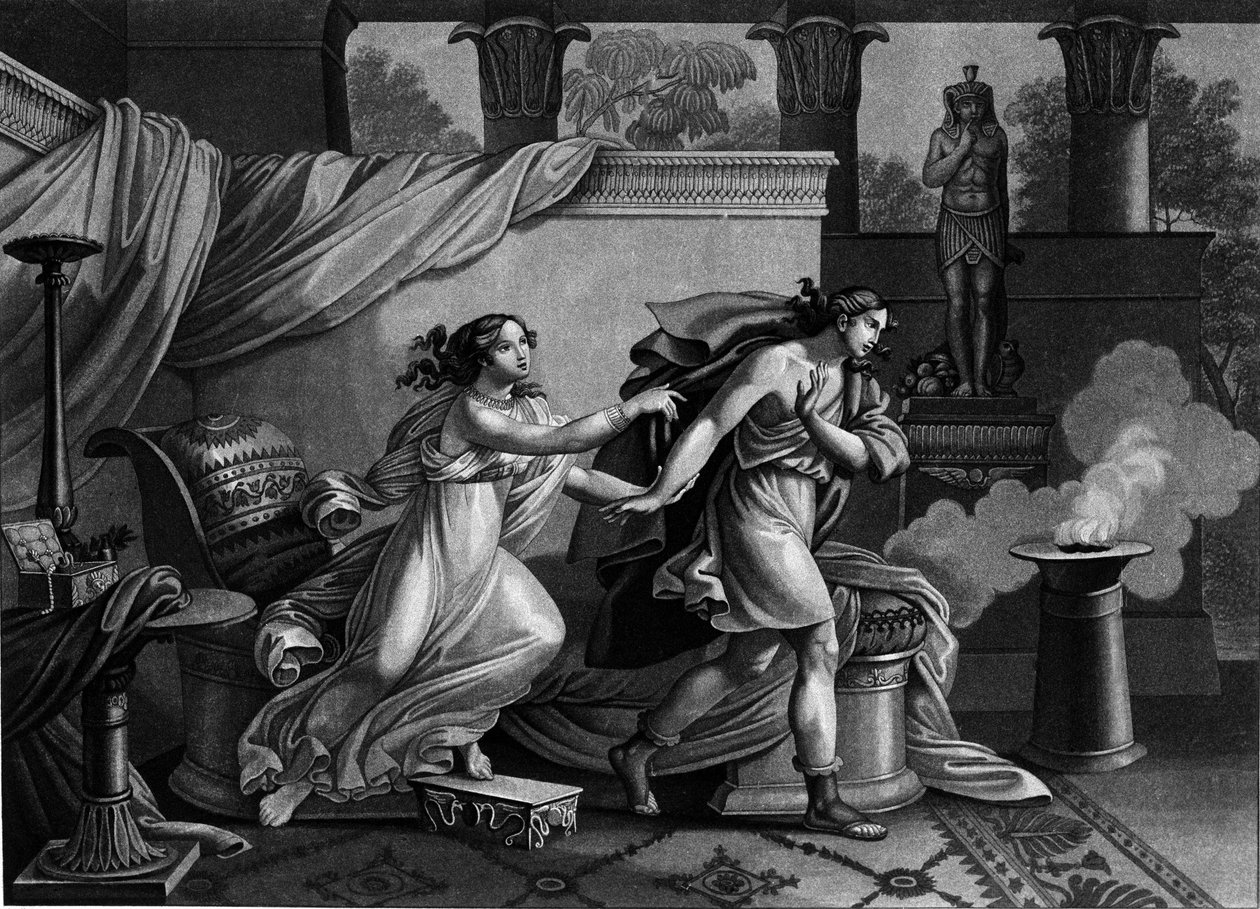 Joseph flieht vor der Frau von Potiphar, die ihn zu verführen sucht. Lithographie des 19. Jahrhunderts von Unknown artist