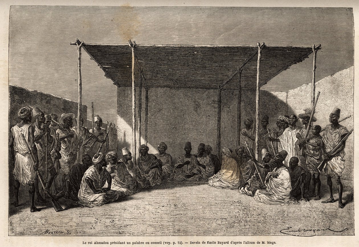 König Ahmadou leitet einen Rat oder Palaver des Toucouleur-Reiches in Segou Sikoro (Mali), die Weisen sitzen und die Krieger setzen sich, der König hält eine muslimische Gebetskette in den Händen. Gravur zur Illustration der Reise nach Westsudan von Leutna von Unknown artist