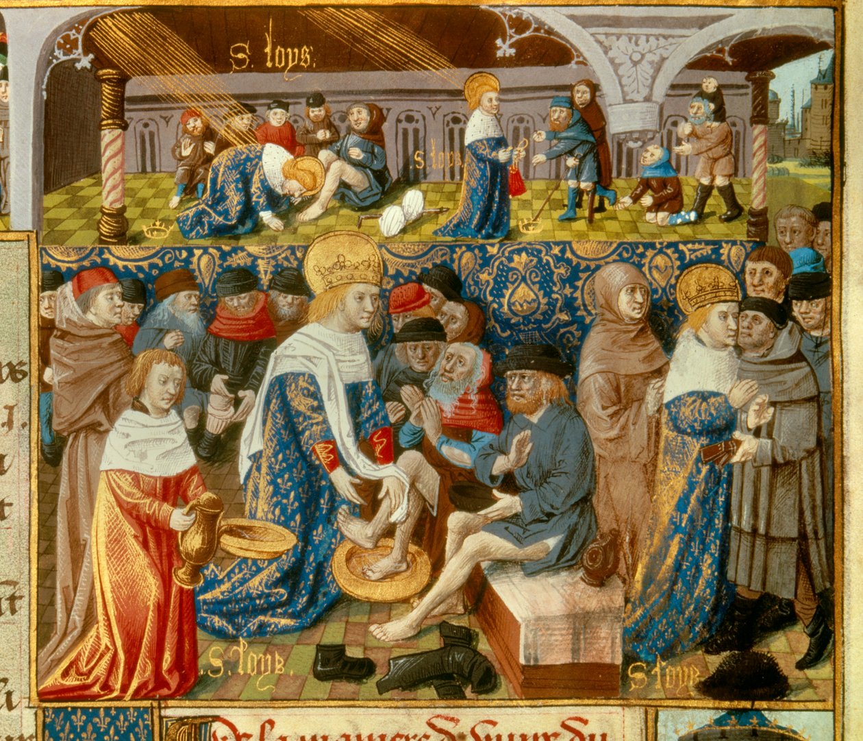 König Ludwig IX. (1214-1270) (Saint Louis) wäscht die Füße der Armen und Szenen christlicher Nächstenliebe. Miniatur aus einem Manuskript 