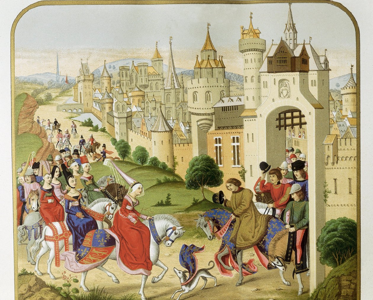 „König von Frankreich Karl IV. empfängt den Besuch seiner Schwester, der Königin von England Isabella von Frankreich (1292-1358), Ehefrau von Eduard II., die Zuflucht suchte“ Nach den Chroniken von Jean Froissart. 19. Jahrhundert Barcelona. Sant Jordi Cata von Unknown artist