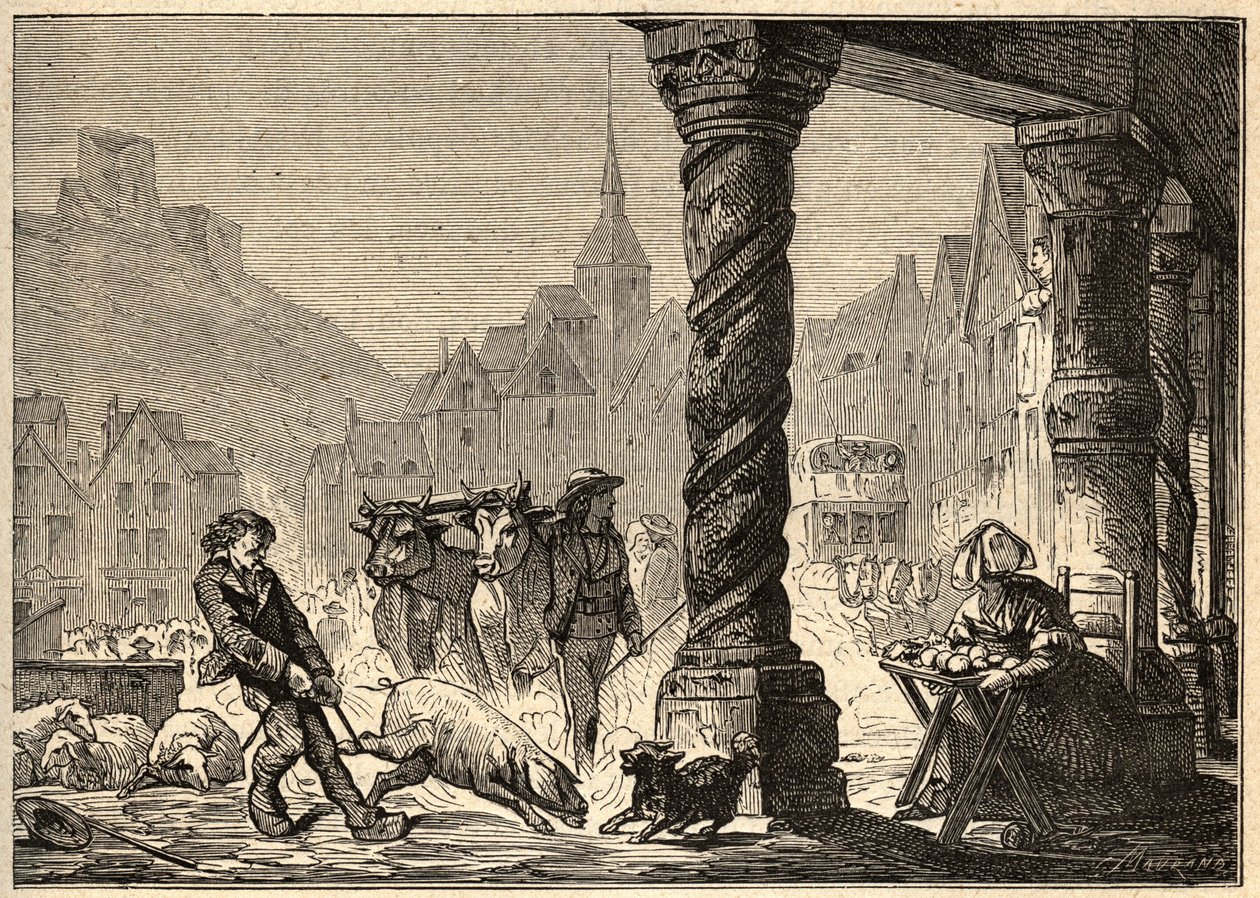 Die große Straße an einem Markttag in Dol de Bretagne - Gravur in „PATRIE - Beschreibung der malerischen Frankreichs in 6 Bänden“ von Lucien Huard - Ende des 19. Jahrhunderts von Unknown artist