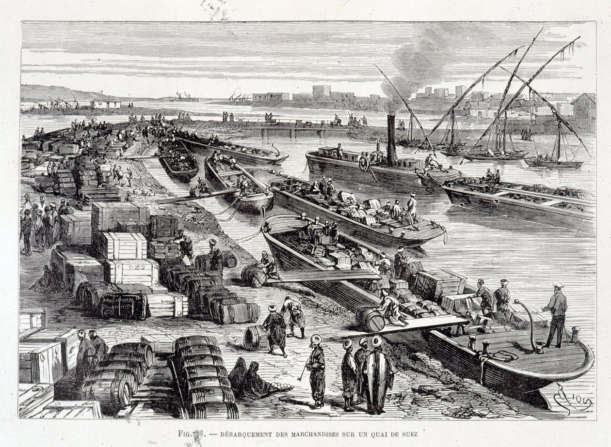 Entladung von Waren an einem Dock im Suezkanal von Unknown artist