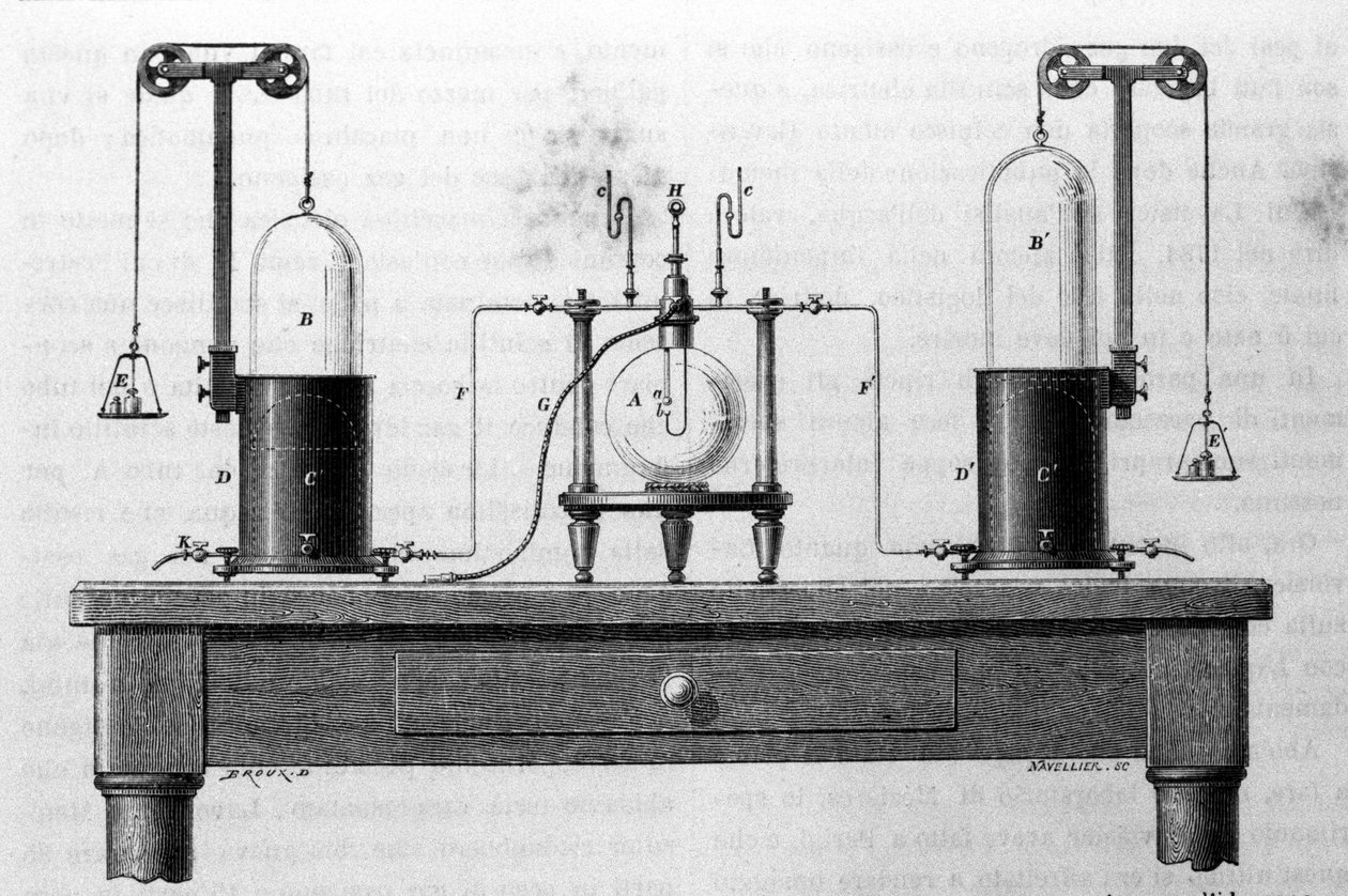 Lavoisier und Laplace Apparat zur Bildung von Wasser durch Verbrennung von Sauerstoff- und Wasserstoffgasen in einer Glasflasche. Gravur des 19. Jahrhunderts von Unknown artist
