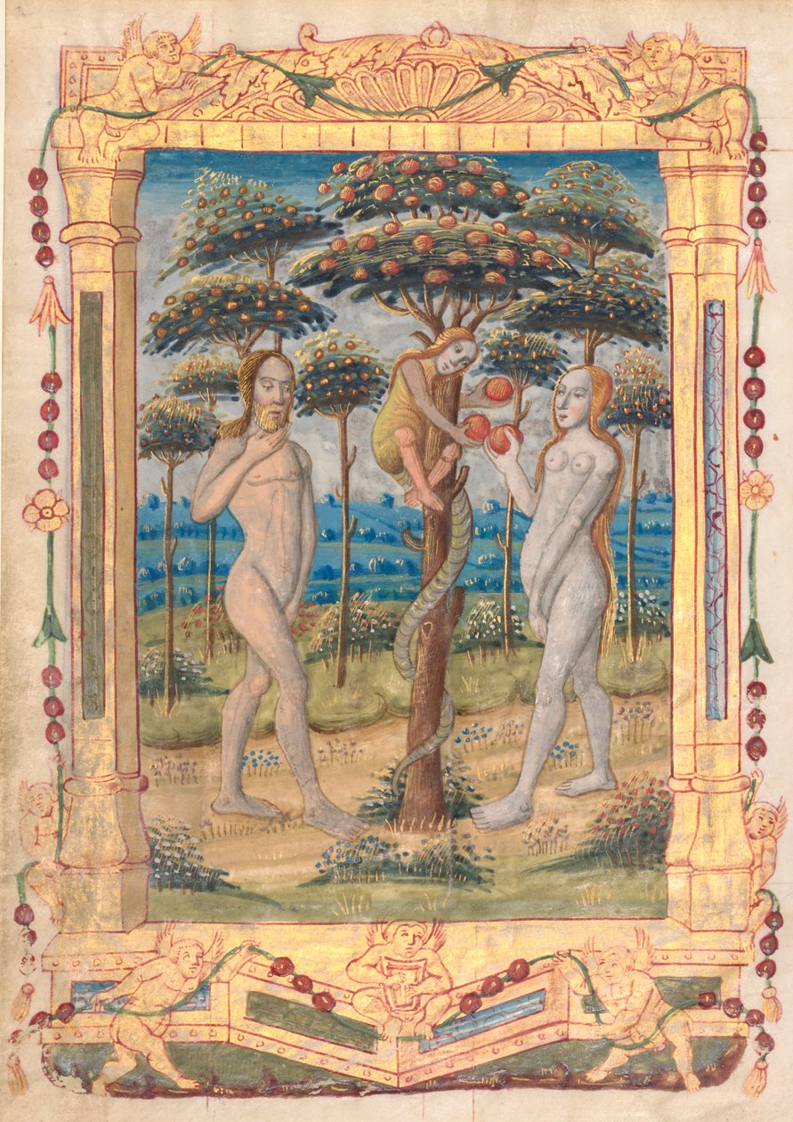 Blatt aus einem Stundenbuch: Adam und Eva und der Sündenfall (Einleitende Miniatur zum Marienoffizium) (recto) von Unknown artist