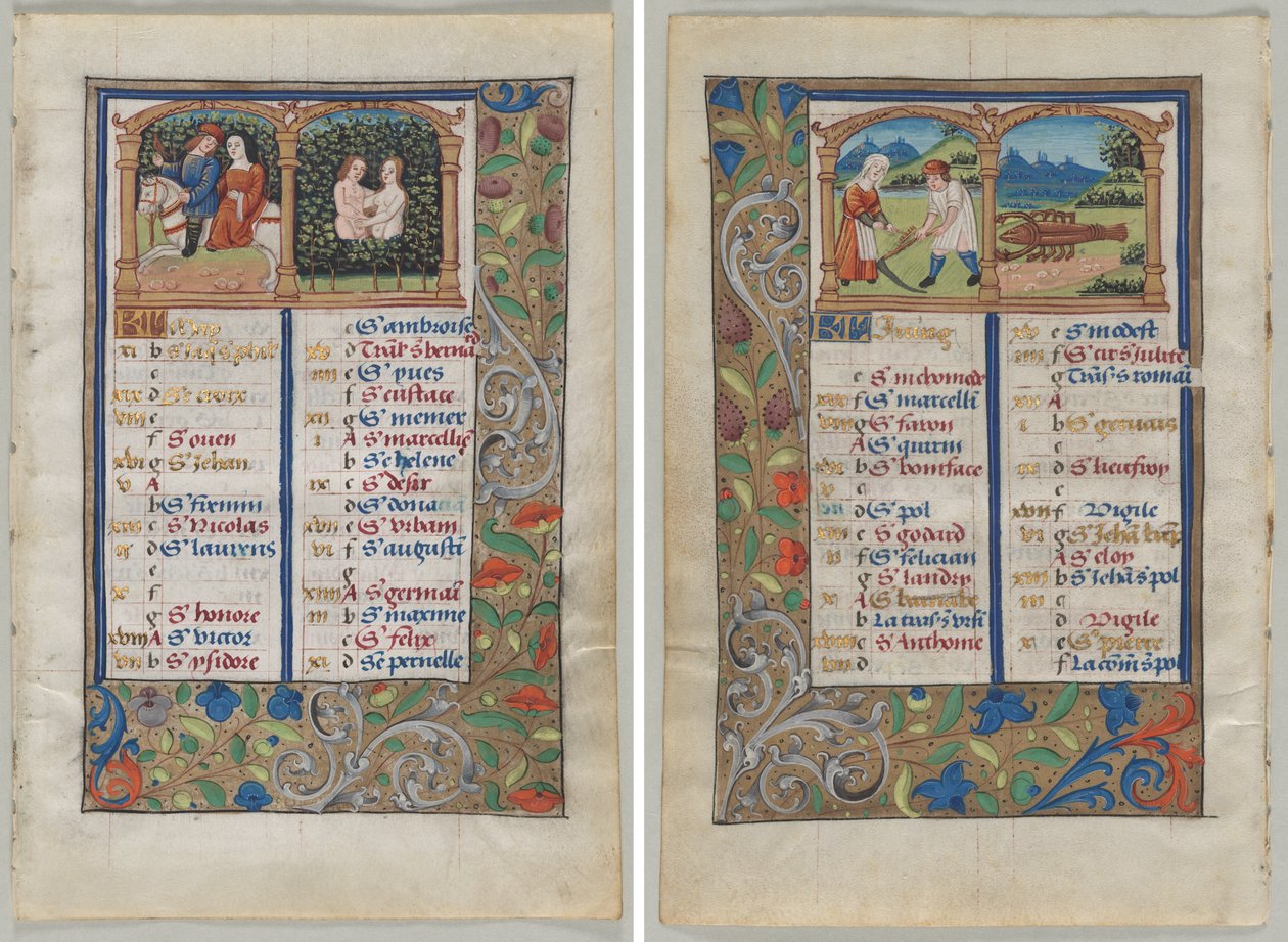 Blatt aus einem Stundenbuch: Kalenderseite für Mai (recto) und Kalenderseite für Juni (verso) (2 von 3 ausgeschnittenen Blättern) von Unknown artist