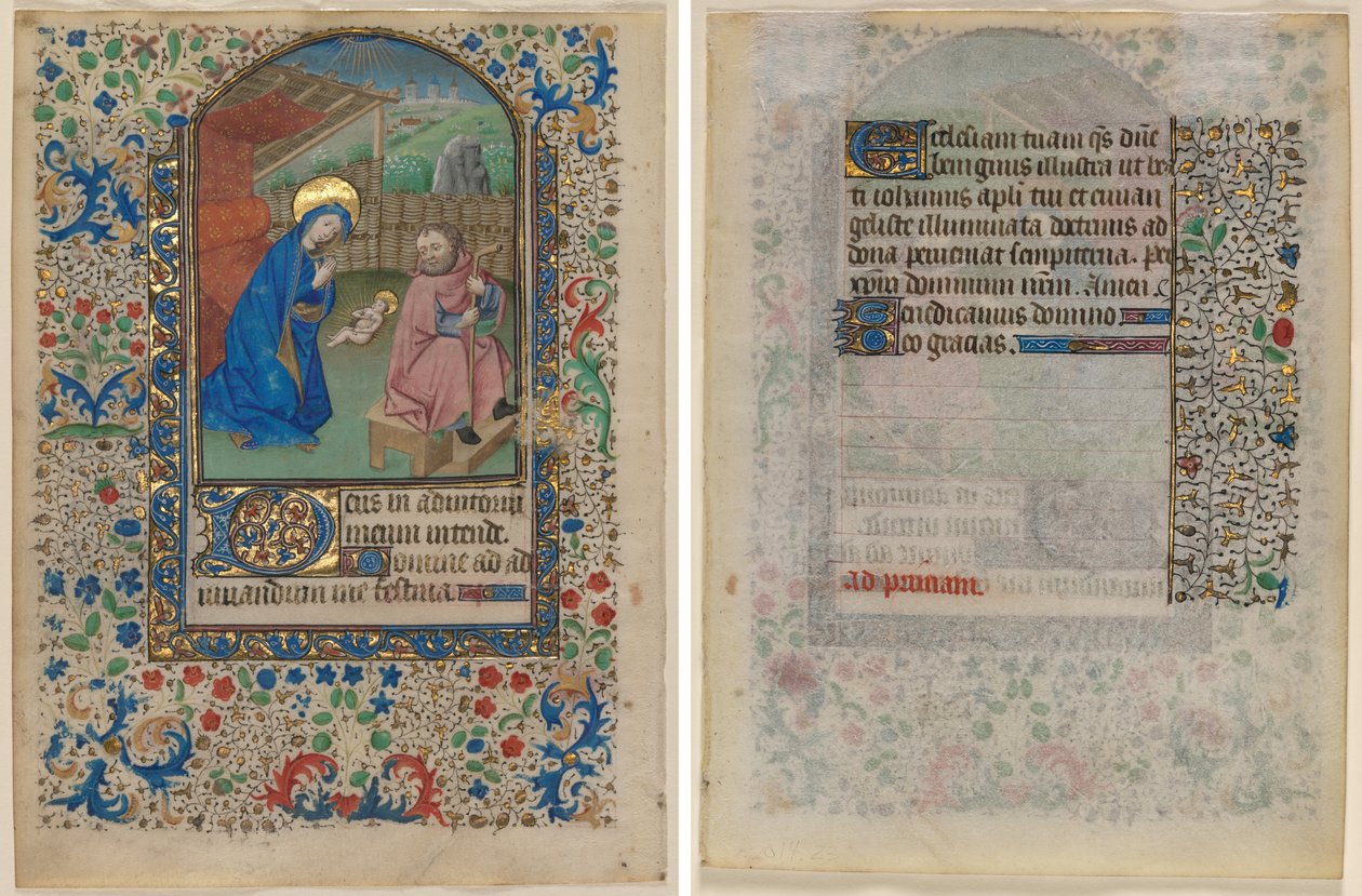 Blatt aus einem Stundenbuch: Die Geburt Christi (recto) und Text (verso) von Unknown artist