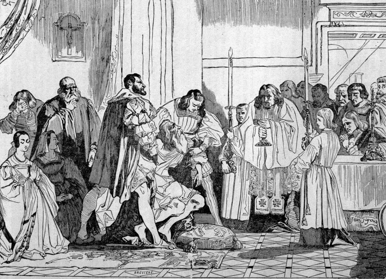 Leonardo da Vinci stirbt in den Armen von Franz I. (1494 - 1547) im Jahr 1519 in Clos Lucé. Gravur. von Unknown artist