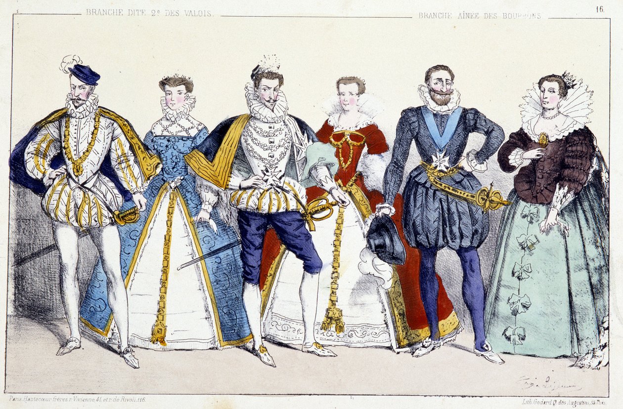 Die Valois und die Bourbonen: Karl IX. (1550-1574) und Elisabeth von Österreich (1554-1592), Heinrich III. (1551-1589) und Louise de Lorraine Vaudemont (1553-1601), Heinrich IV. (1553-1610) und Maria de Medici (1575-1642) - Tafel aus „Könige und Königinnen von Unknown artist