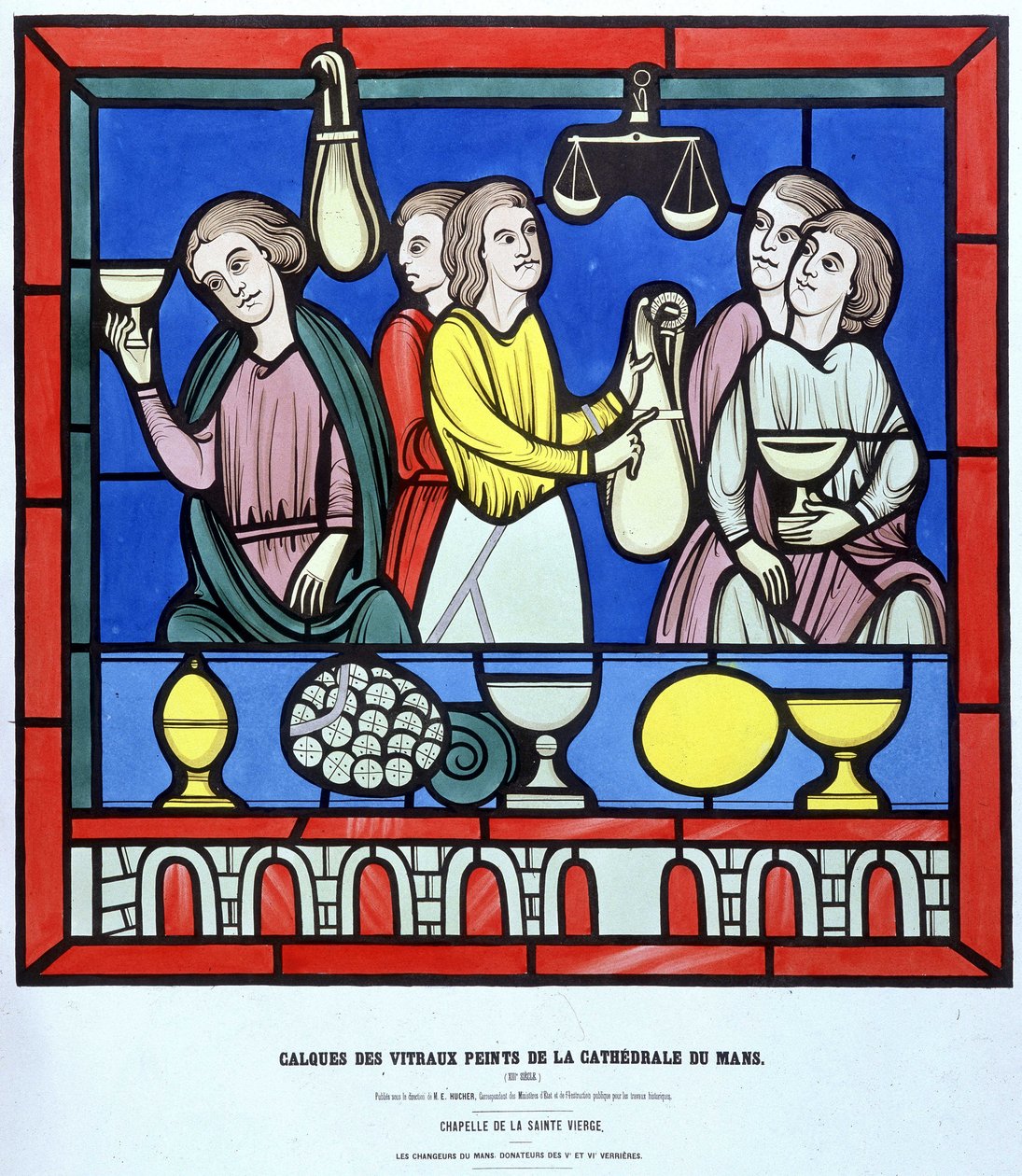 Die Geldwechsler von Le Mans - Faksimile eines Glasfensters der Kathedrale von Le Mans aus dem 13. Jahrhundert. 19. Jahrhundert Schicht. von Unknown artist