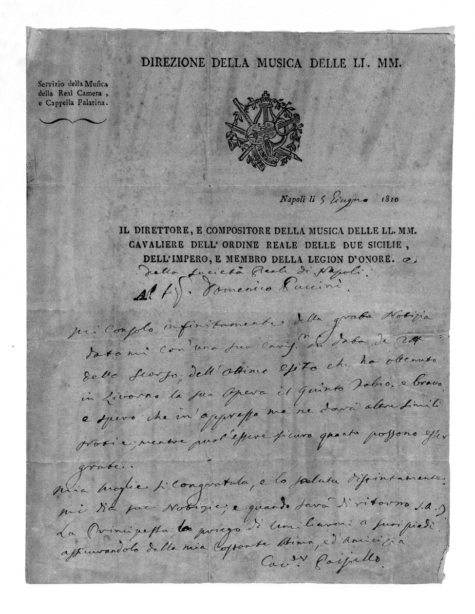 Brief von Giovanni Paisiello (1740-1816), italienischer Komponist, an Domenico Puccini, Großvater von Giacomo Puccini. 1810. Mailand Museo teatrale della Scala von Unknown artist