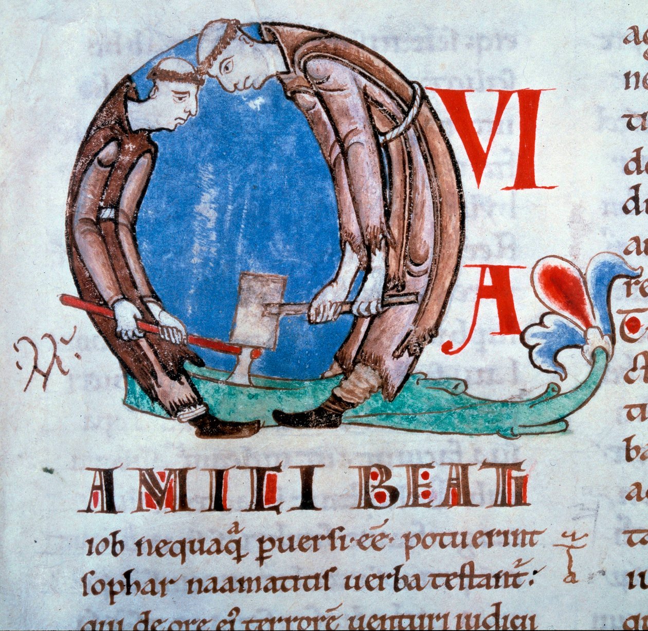 Lettrine Q, die Mönche beim Roden zeigt (Miniatur aus dem „Moralia in Job“) von Unknown artist