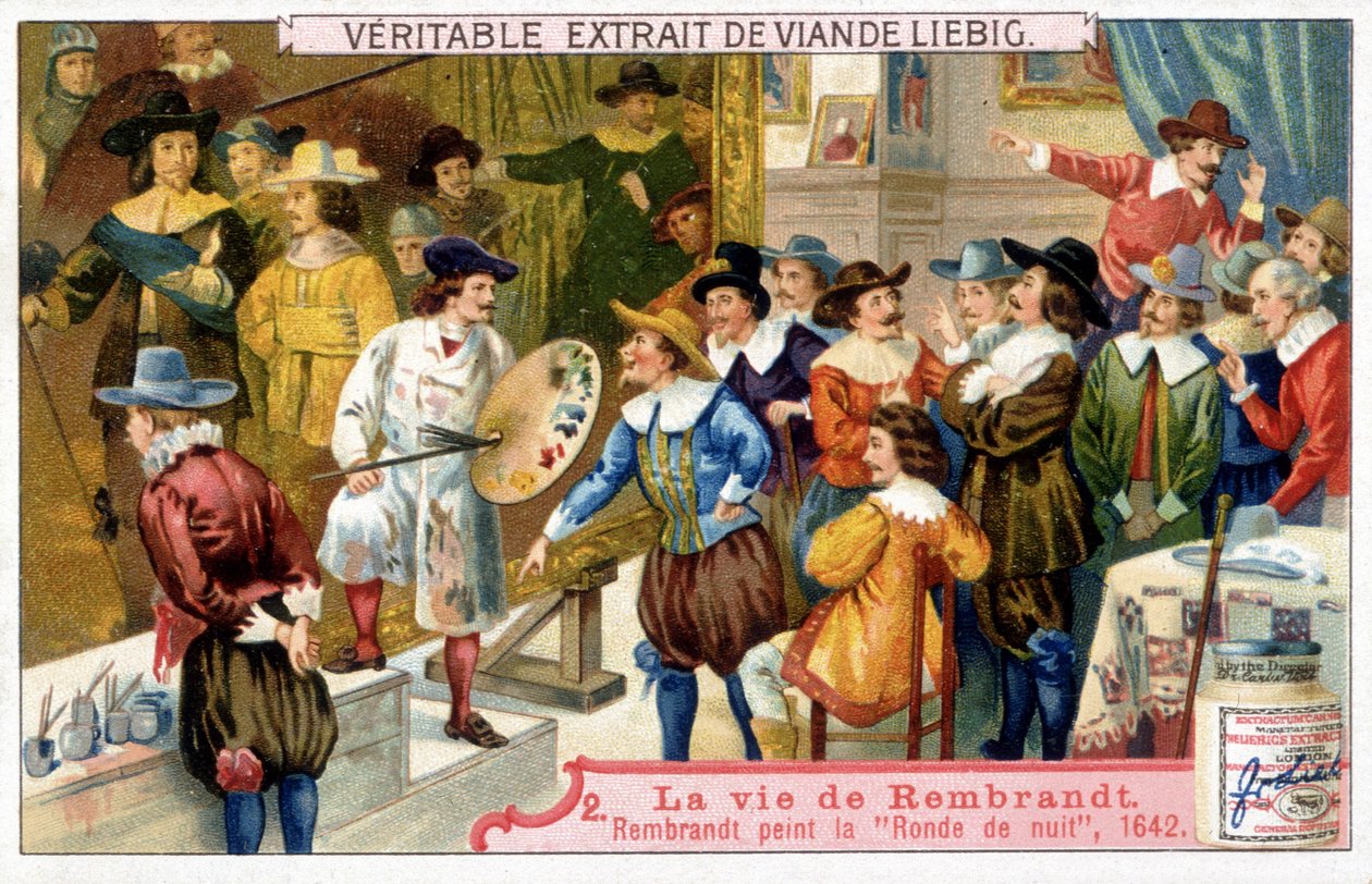 Liebig-Chromolithografie über das Leben von Rembrandt (1606 - 1669), niederländischer Maler. Hier die Nachtwache 1642 von Unknown artist