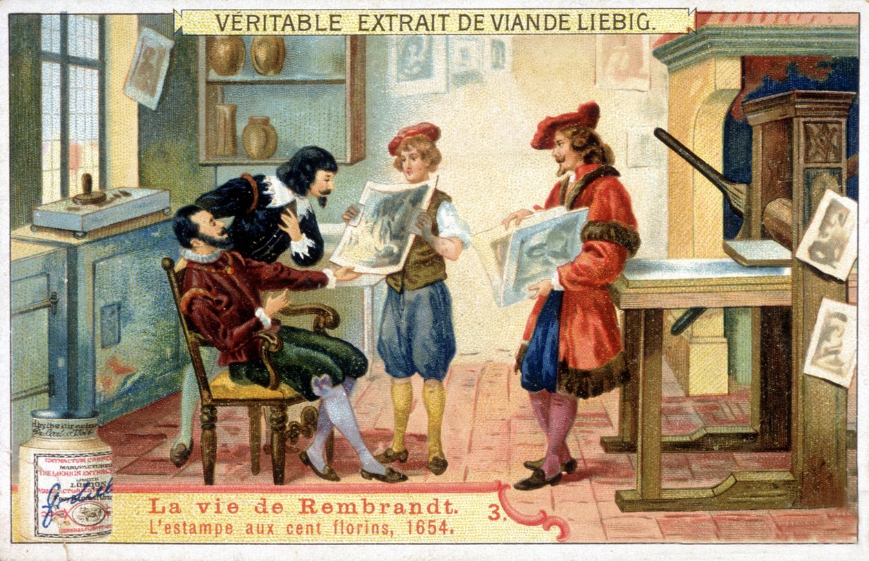 Liebig-Chromolithografie über das Leben von Rembrandt (1606 - 1669), niederländischer Maler. Dies ist der Hundert-Gulden-Druck von 1654 von Unknown artist
