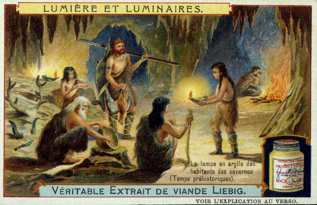 Licht und Leuchten: die Tonlampe der Höhlenbewohner in prähistorischen Zeiten. Illustration auf Liebig-Verpackungen. von Unknown artist