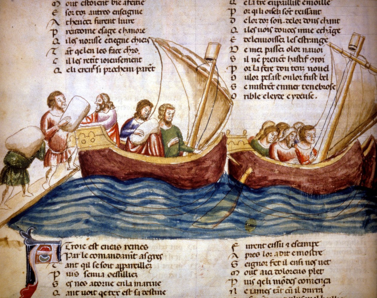 Laden von Fracht an Bord, Ende des 13. Jahrhunderts. Miniatur des „Roman de Troy“ von Benoit de Saint Maure. 14. Jahrhundert, Biblioteca Marciana, Venedig von Unknown artist