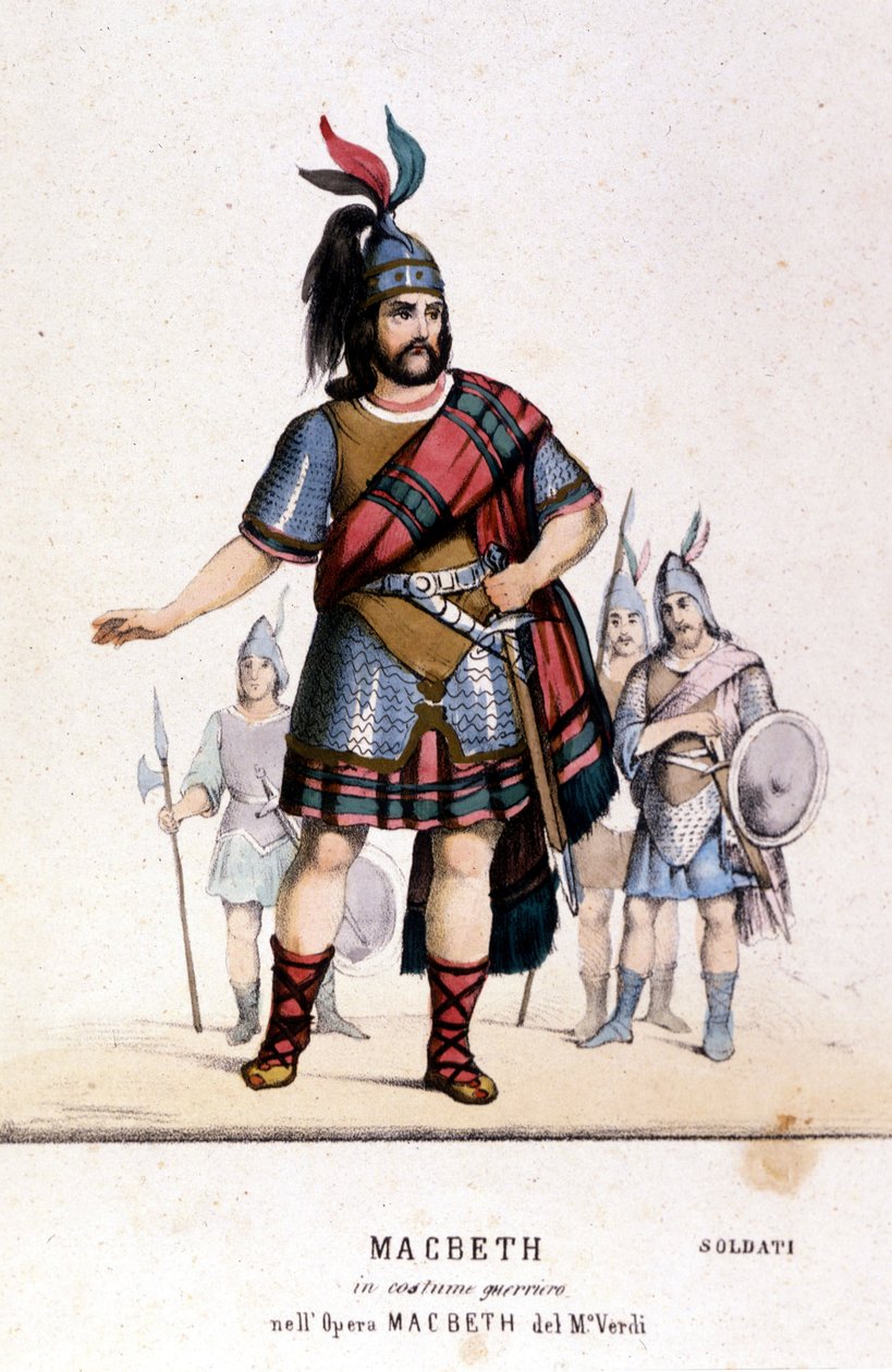 Macbeth-Charakter in einem Kriegerkostüm in der gleichnamigen Oper von Giuseppe Verdi (1813-1901) nach dem Werk von William Shakespeare. 1847. Gravur von Unknown artist