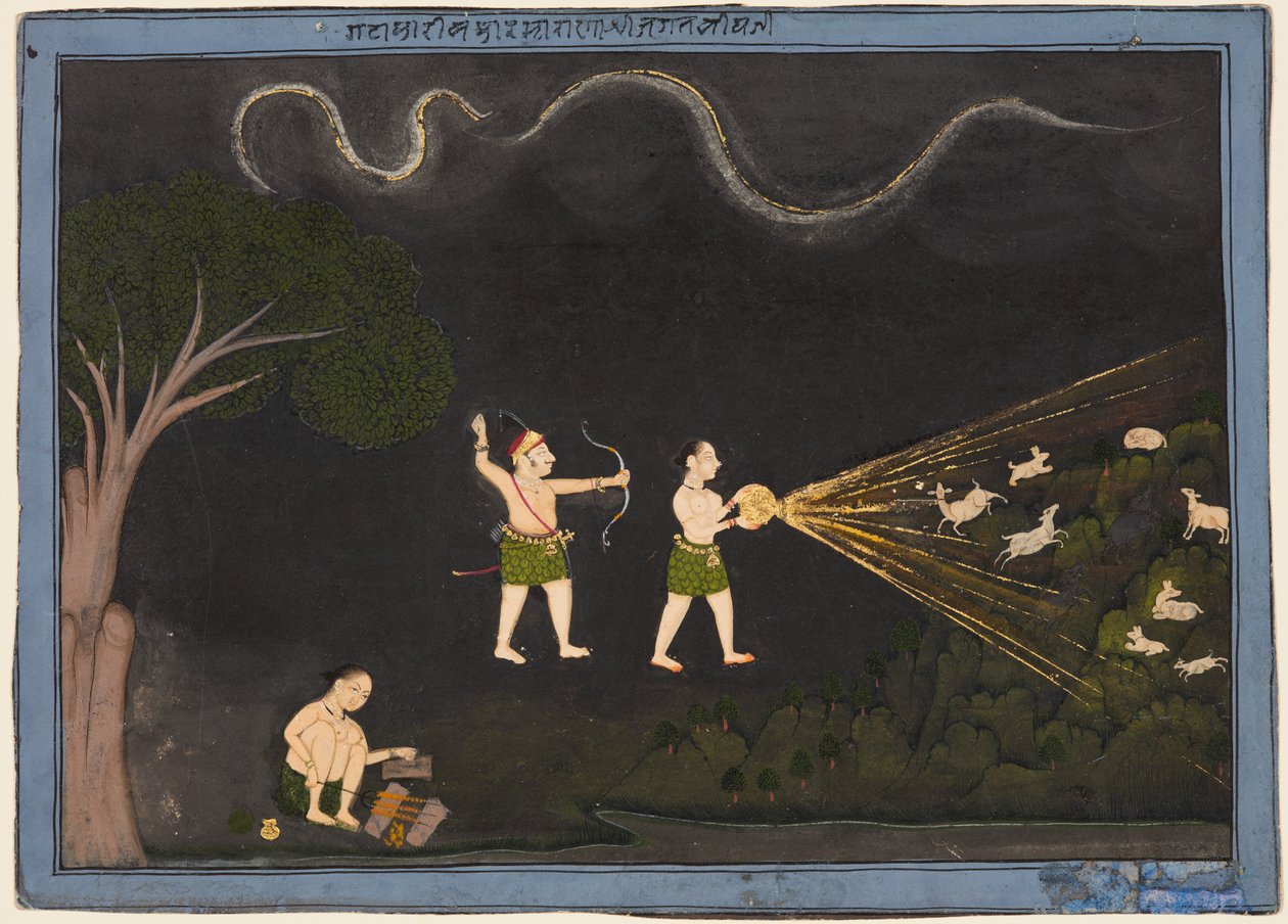 Maharana Jagat Singh II von Mewar (r. 1734–51) verkleidet als Bhil, jagt nachts Hirsche von Unknown artist