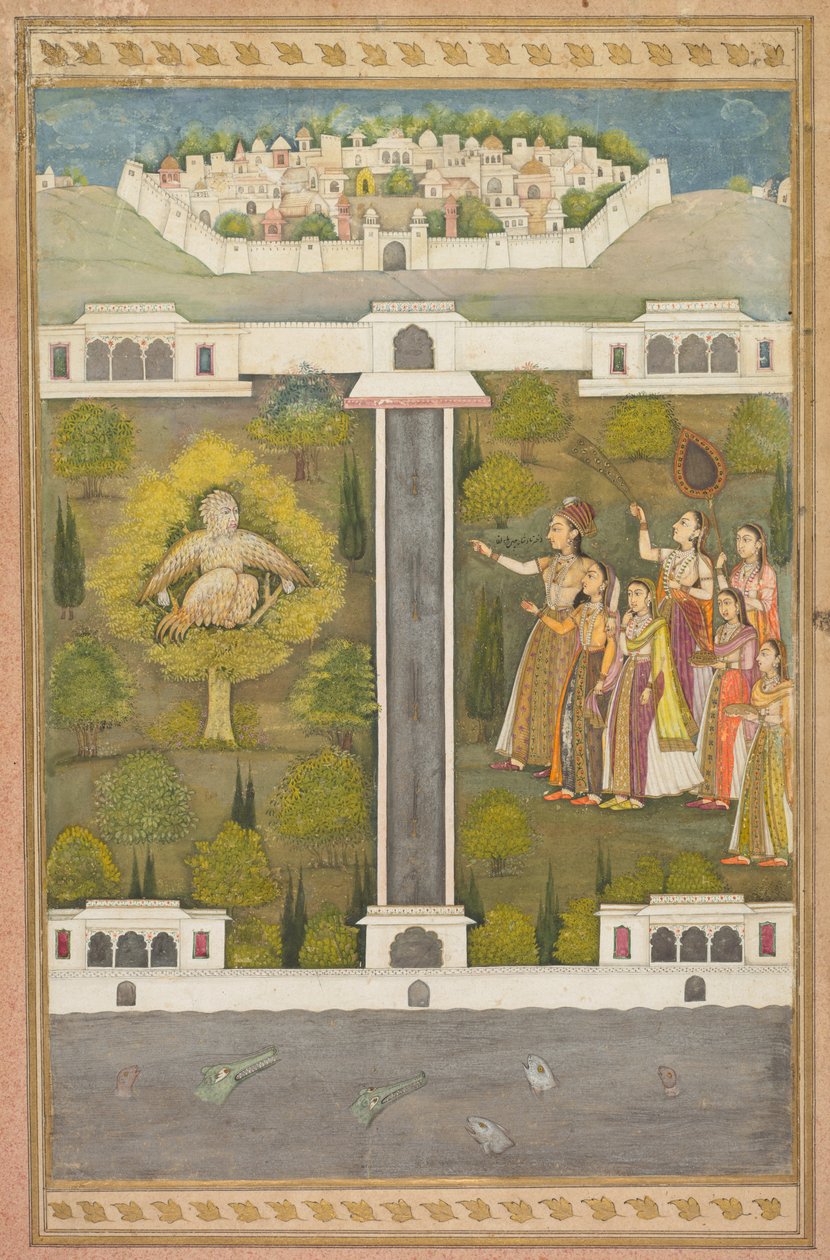 Mahliqa, Tochter des Kaisers von China, zeigt auf den Vogelmann Khwaja Mubarak: Ein Blatt aus einer poetischen Romanze über Shah Alam I (recto) von Unknown artist
